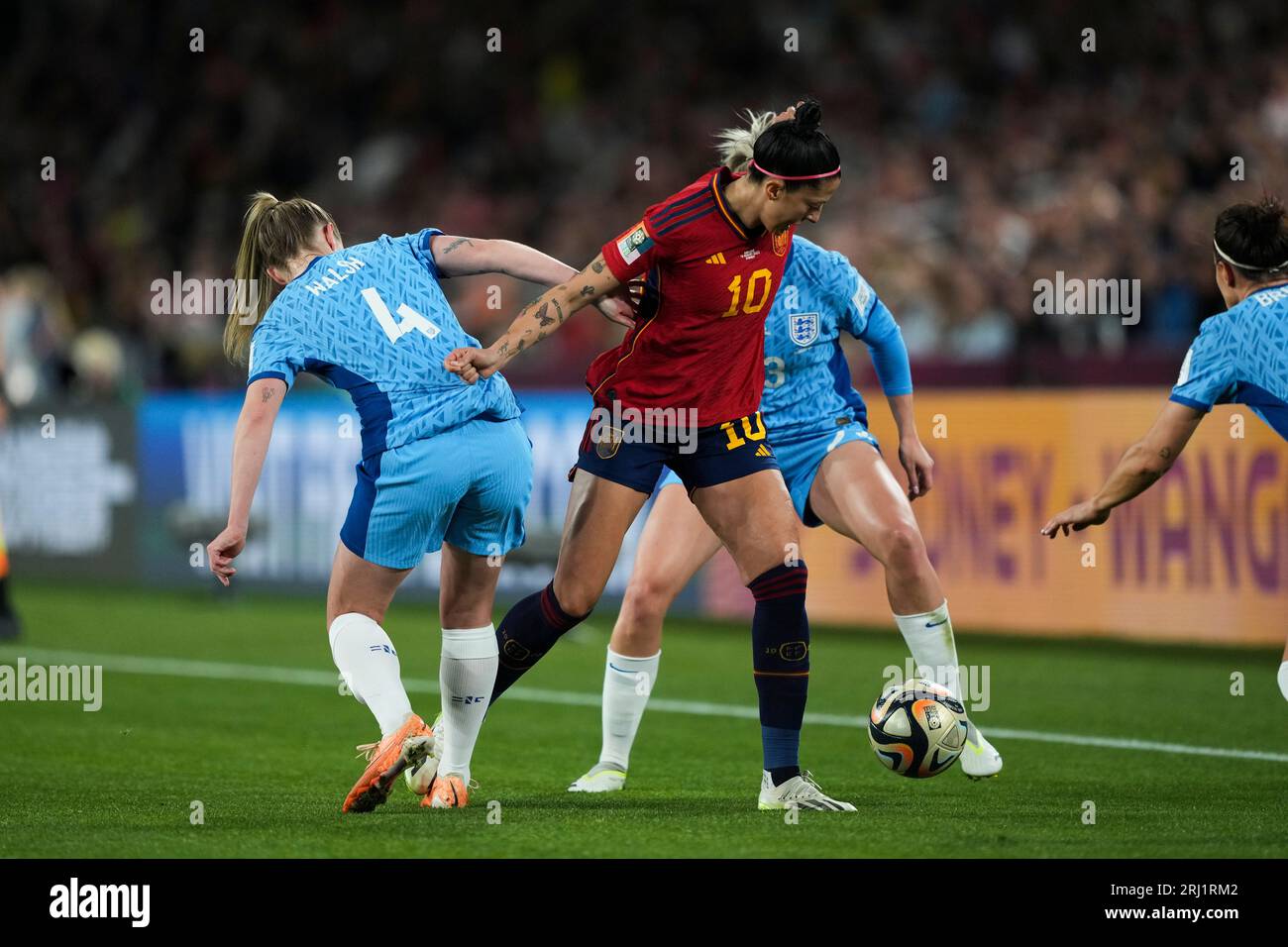 Sydney, Australia. 20th Aug, 2023. Jennifer Hermoso #10 of Spain, Keira Walsh #4 and Alessia Russo #23 of England in action during the Final Match between Spain and England at the Women`s World Cup FIFA 2023, at Accor Stadium. Final scores; Spain 0:1 England Credit: SOPA Images Limited/Alamy Live News Stock Photo